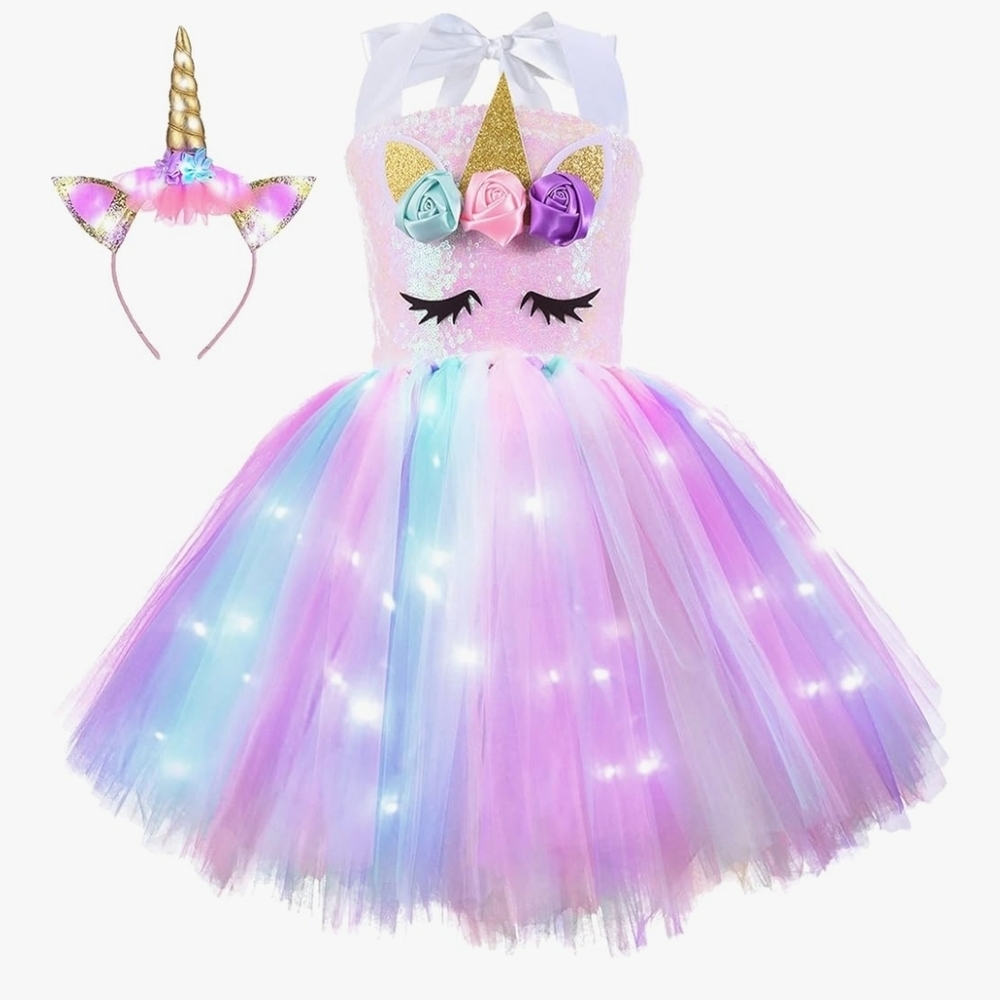 Girls Unicorn Dress with Headband, Sequin Lighted Tutu